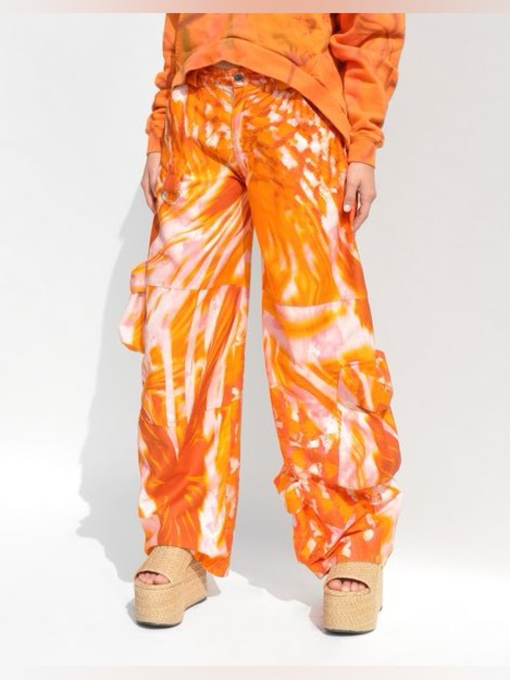 NWOT Collina Strada Lawn Cargo Pant Orange Butterfly Tie Dye Designer Streetwear